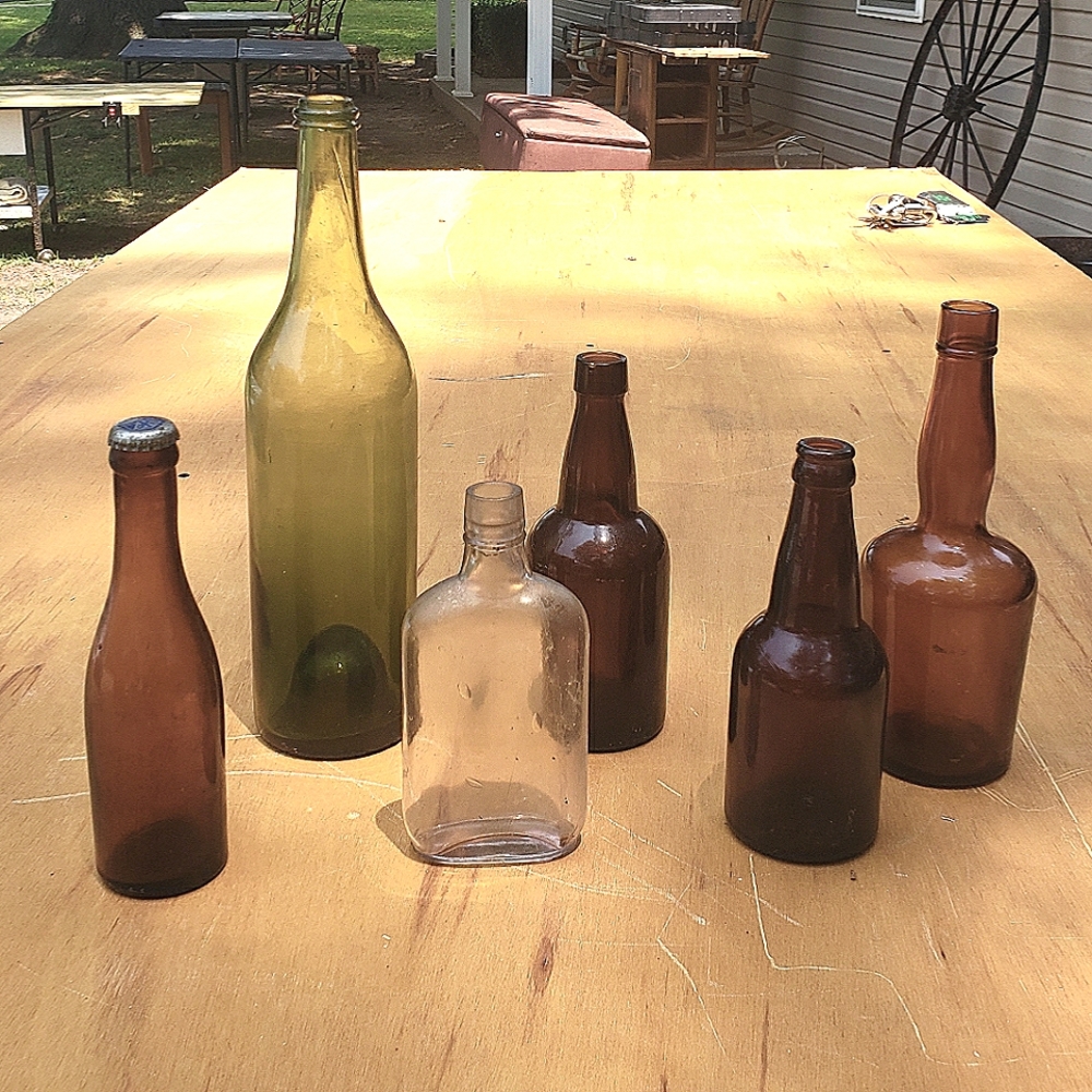Various antique alcohol bottles, 1880s-1920s, ladies leg, 3 blob tops, etc.